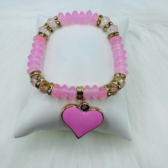 Pink Beaded Bracelet Heart Pendant Bracelet - Picture 5 of 6